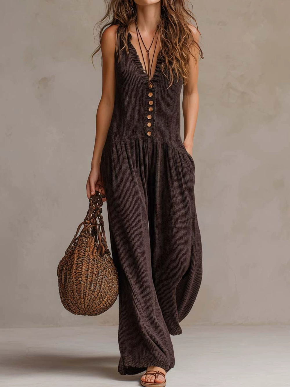 ZARA Womens Loose V Neck Sleeveless Wide Leg Knit Jumpsuit